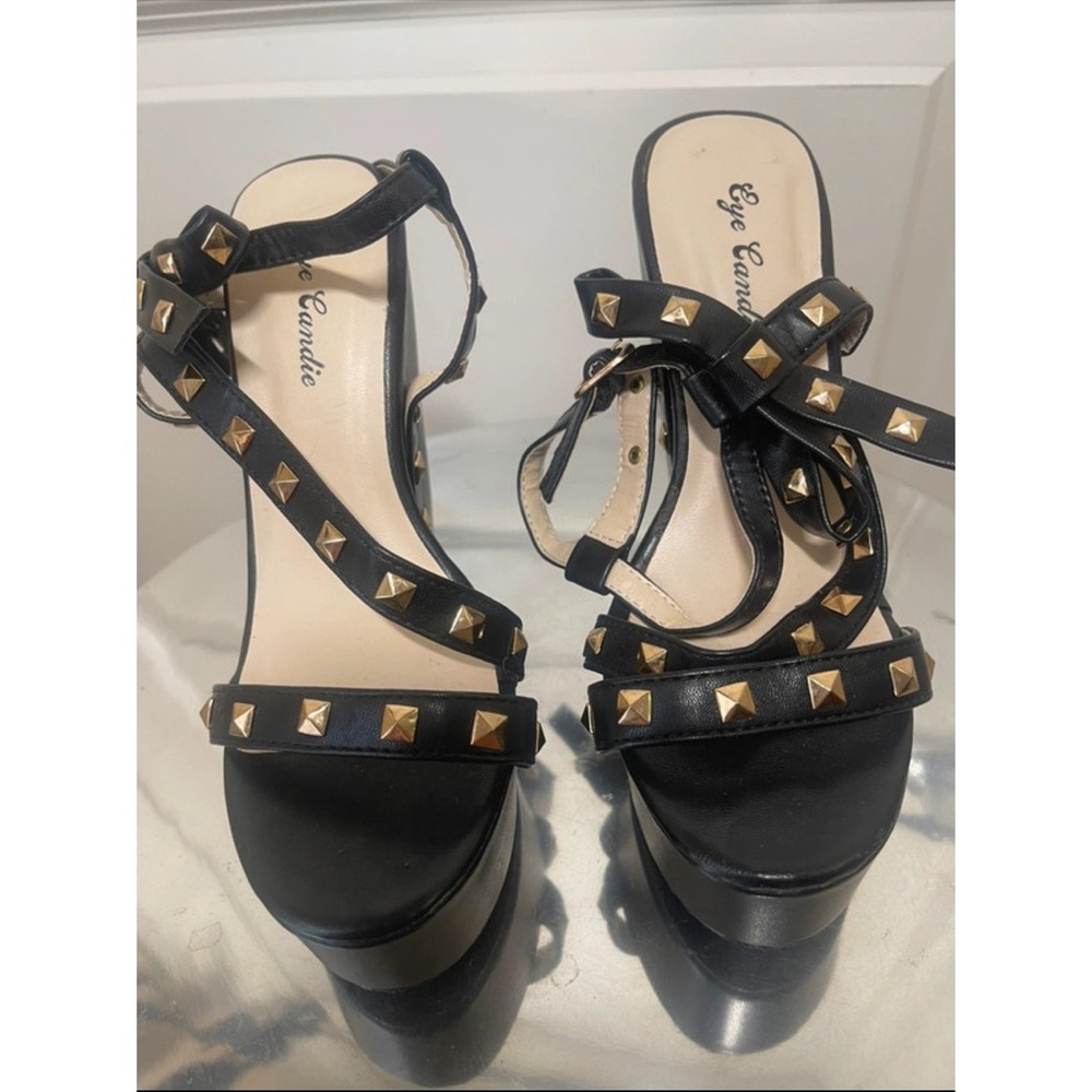 Eye Candy Black Studded Platform Wedge Sandals Gold Studs Bow Punk Y2K‎ Womens 6 - Picture 3 of 6